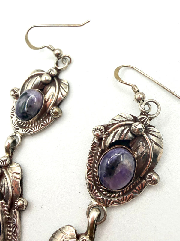 ABEL TOLEDO VINTAGE NATIVE HANDMADE SUGILITE CHAROITE FISHHOOK EARRINGS 3.5” (LL 75)