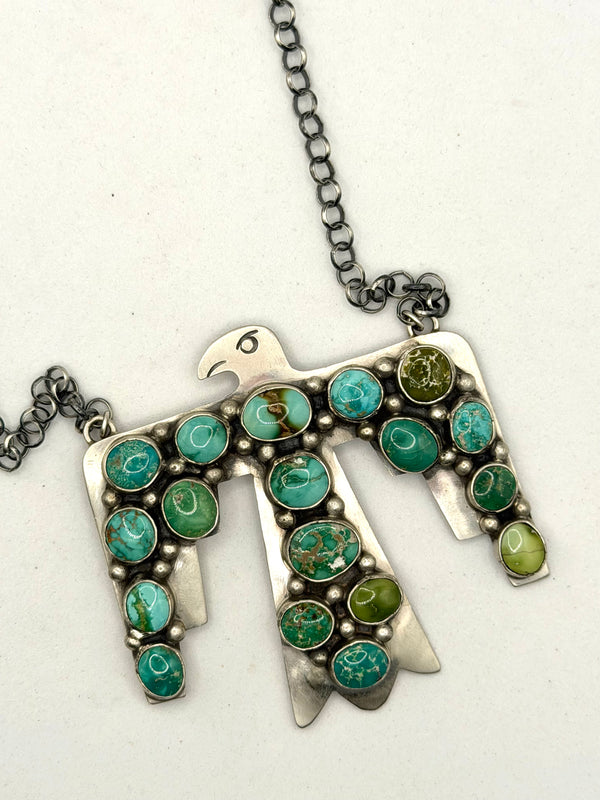 NATIVE HANDMADE MULTITURQUOISE THUNDERBIRD ADJUSTABLE NECKLACE 21" BY RUSSELL SAM (NP 17)