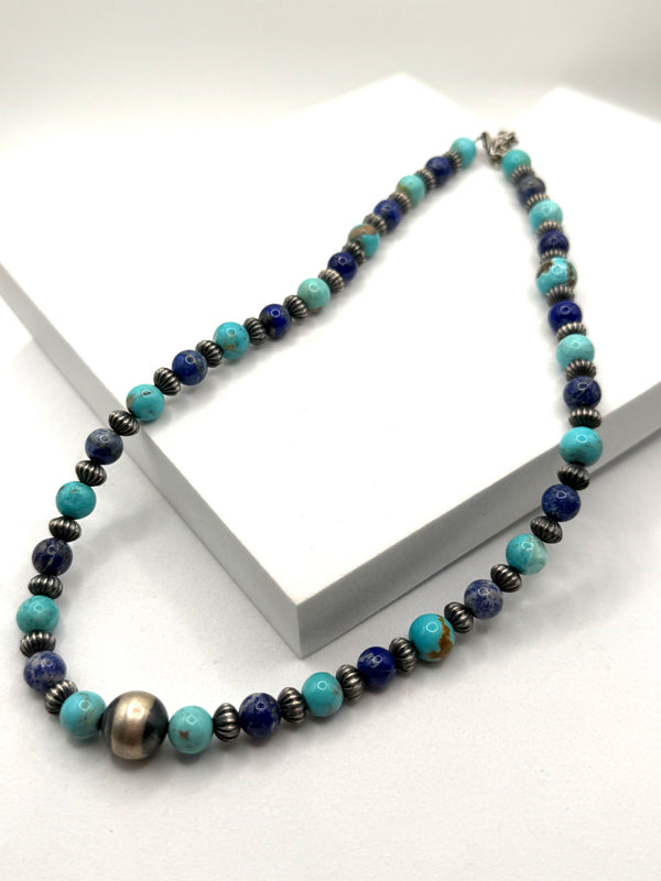 KINGMAN TURQUOISE & LAPIS LAZULI FLUTTED NAVAJO PEARLS 20" (LL 34)