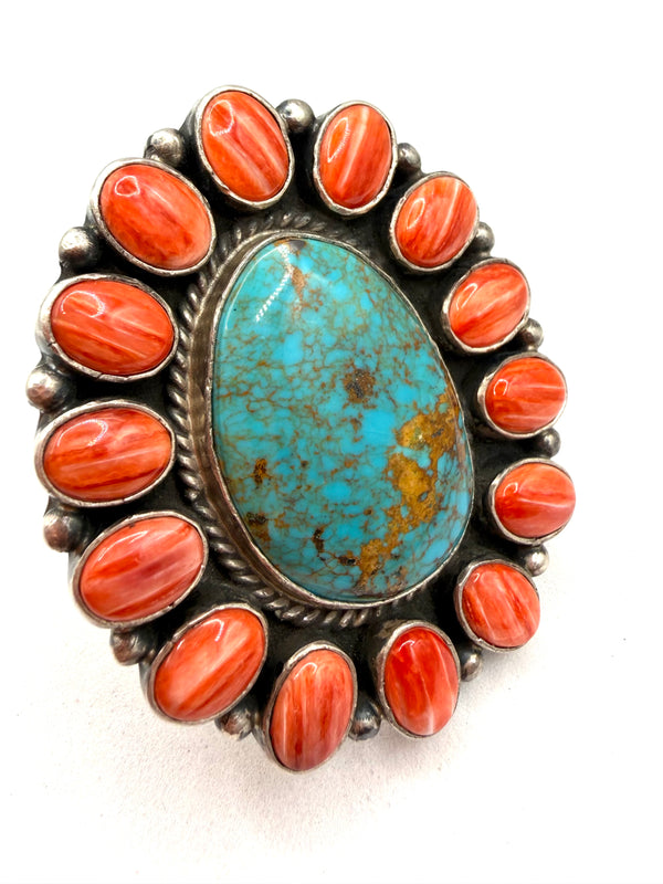THOMAS FRANCISCO BISBEE TURQUOISE & RED SPINY OYSTER ADJUSTABLE RING (LA 2)