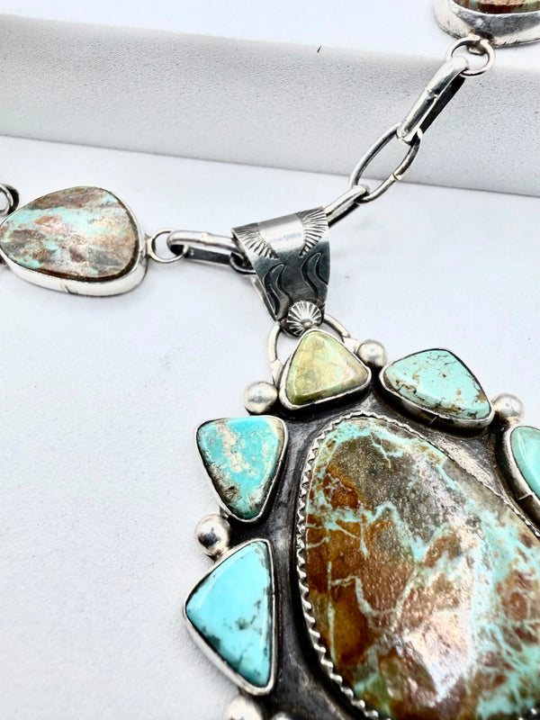 JACQUELINE SILVER NATIVE HANDMADE ROYSTON RIBBON & MULTITURQUOISE PENDANT STATEMENT NECKLACE 22" (NP 48)