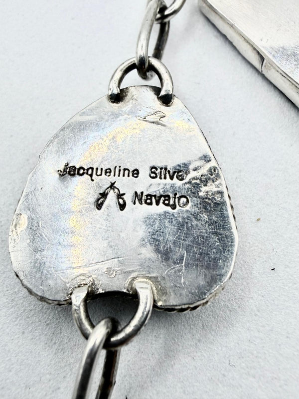 JACQUELINE SILVER NATIVE HANDMADE ROYSTON RIBBON TURQUOISE & IVORY MOTHER-OF-PEARL ADJUSTABLE BRACELET (UP TO 9")  (NP 55)