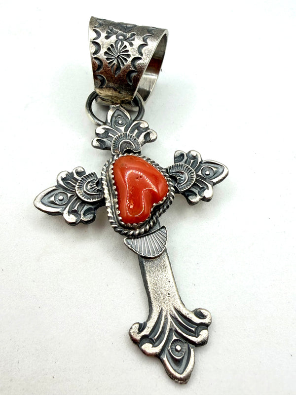 KEVIN BILLAH MEDITERRANEAN CORAL BIG BAIL STATEMENT CROSS PENDANT 3” (TC 21)
