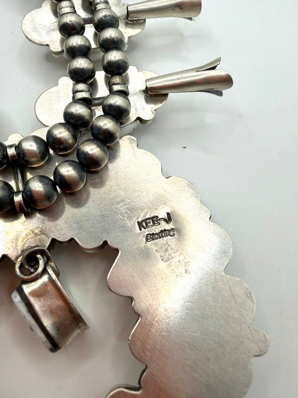 KEE JOHNSON WHITE BUFFALO TURQUOISE SQUASH BLOSSOM & EARRINGS SET (NP 37)