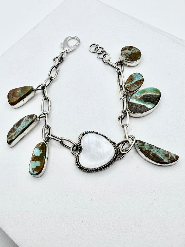JACQUELINE SILVER NATIVE HANDMADE ROYSTON RIBBON TURQUOISE & IVORY MOTHER-OF-PEARL ADJUSTABLE BRACELET (UP TO 9")  (NP 55)