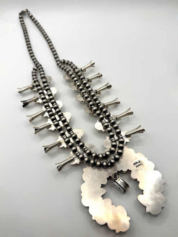 KEE JOHNSON WHITE BUFFALO TURQUOISE SQUASH BLOSSOM & EARRINGS SET (NP 37)