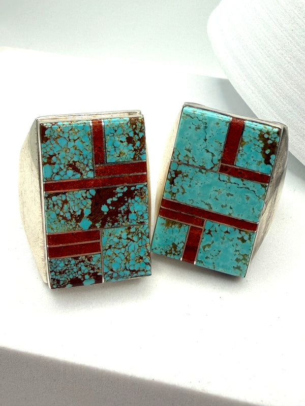WILBERT GREY NATIVE HANDMADE MINE 8 & CORAL STATEMENT RING SIZE 13 (PN 23)