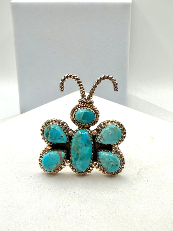 KINGMAN TURQUOISE ADJUSTABLE STERLING SILVER BUTTERFLY RING (LN 54)