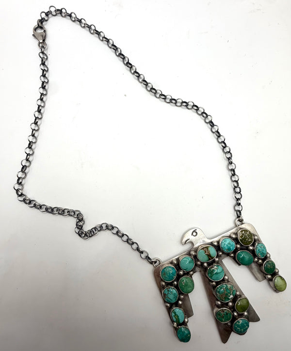 NATIVE HANDMADE MULTITURQUOISE THUNDERBIRD ADJUSTABLE NECKLACE 21" BY RUSSELL SAM (NP 17)