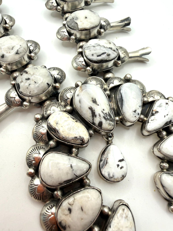 KEE JOHNSON WHITE BUFFALO TURQUOISE SQUASH BLOSSOM & EARRINGS SET (NP 37)