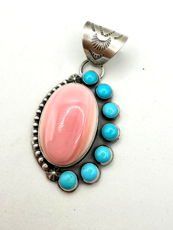 TONY YAZZIE NATIVE HANDMADE PINK CONCH & SLEEPING BEAUTY TURQUOISE HALF CLUSTER STATEMENT PENDANT 2.5” (TC 17)