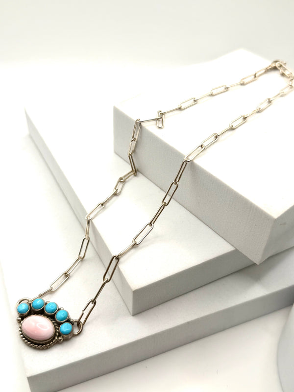PINK CONCH & SLEEPING BEAUTY TURQUOISE HALF CLUSTER PAPERCLIP NECKLACE 20” (TC 18)