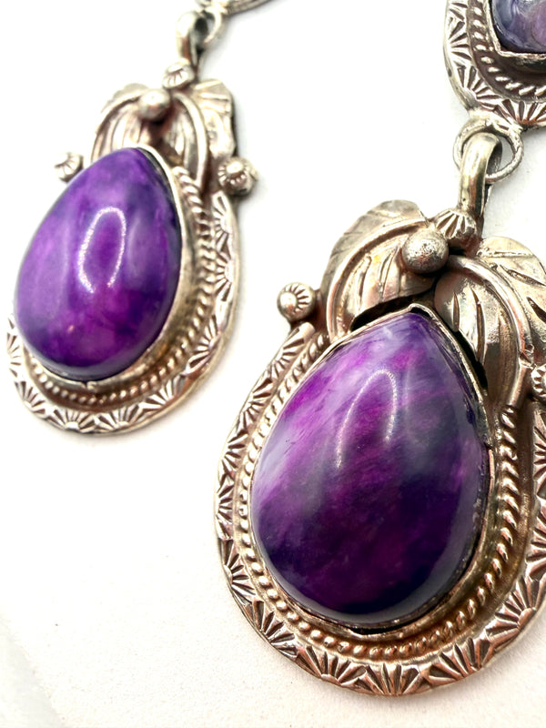 ABEL TOLEDO VINTAGE NATIVE HANDMADE SUGILITE CHAROITE FISHHOOK EARRINGS 3.5” (LL 75)