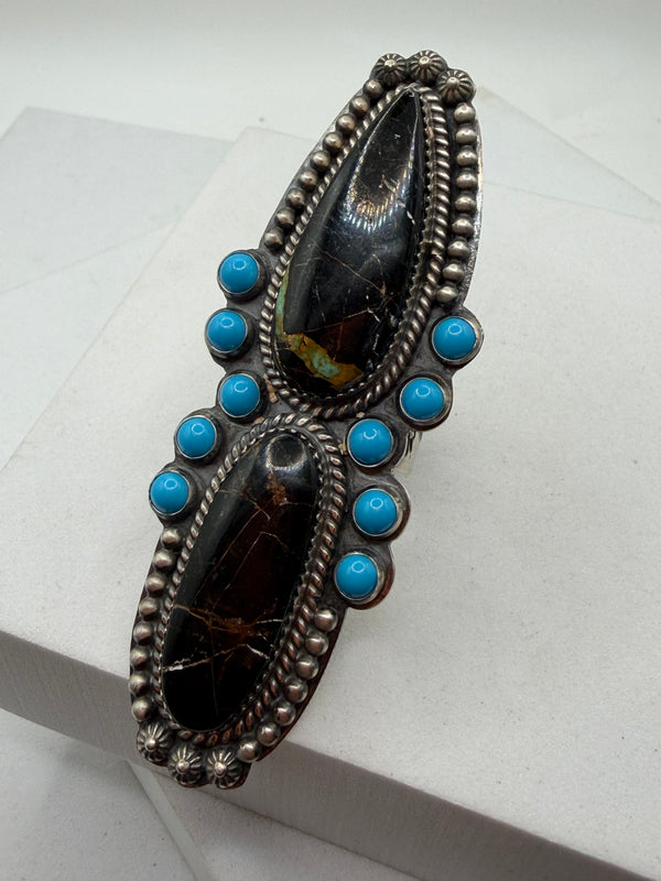 NATIVE HANDMADE SLEEPING BEAUTY & BLACKJACK TURQUOISE CRAWLER ADJUSTABLE RING 3" ACQUIRED AT SANTA FE INDIAN MARKET (LL 57)