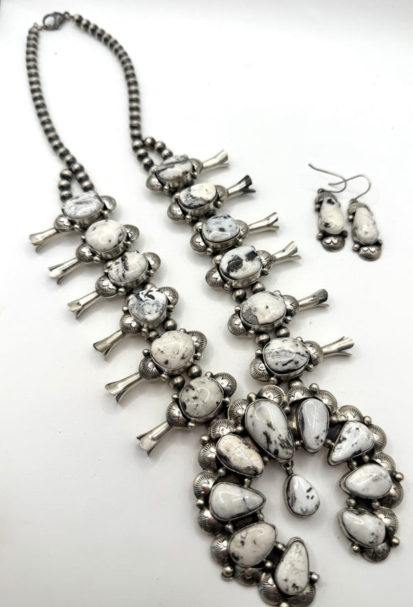 KEE JOHNSON WHITE BUFFALO TURQUOISE SQUASH BLOSSOM & EARRINGS SET (NP 37)