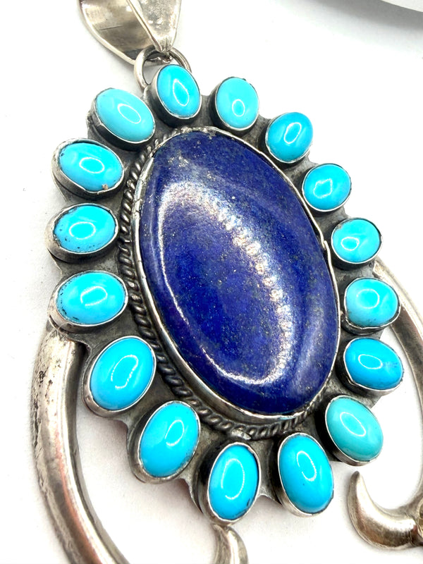 FRANCIS BEGAY NATIVE HANDMADE SLEEPING BEAUTY TURQUOISE & LAPIS LAZULI STATEMENT PENDANT 3.5"(JR 171)