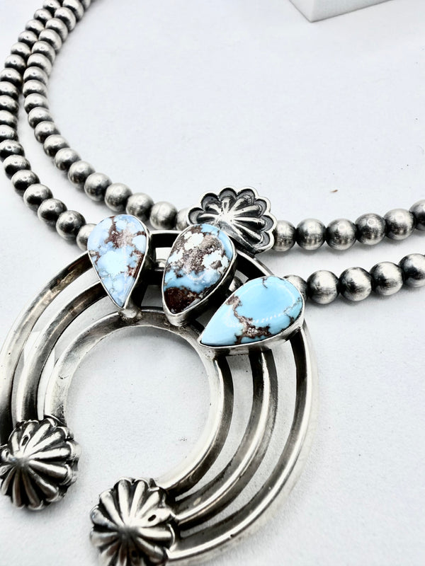 DAVEY MORGAN TRIPLE GOLDEN HILLS TURQUOISE DOUBLE NAVAJO PEARLS STRAND NECKLACE 18" (NP 52)