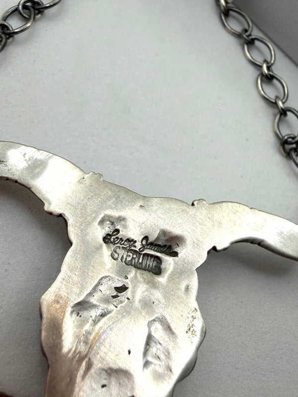 LEROY JAMES KINGMAN TURQUOISE STAR SS NATIVE HANDMADE LONGHORN NECKLACE 21" (LA 23)