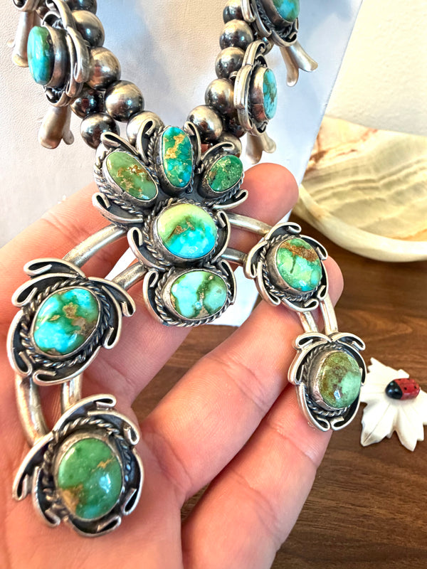 GILBERT NEZ SONORAN GOLD TURQUOISE NATIVE HANDMADE SQUASH BLOSSOM 30" (TC 10)