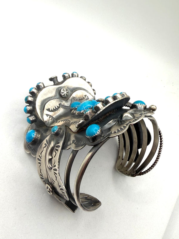 TIM YAZZIE KINGMAN TURQUOISE NATIVE HANDMADE SADDLE CUFF (WITH FLEX) (NP 35)