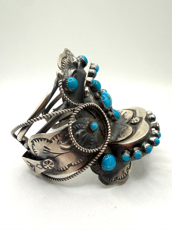 TIM YAZZIE KINGMAN TURQUOISE NATIVE HANDMADE SADDLE CUFF (WITH FLEX) (NP 35)