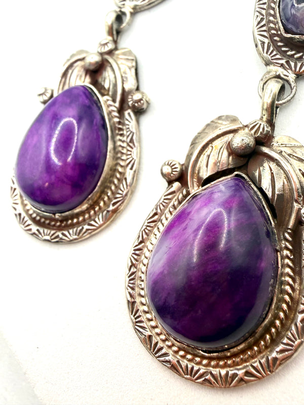 ABEL TOLEDO VINTAGE NATIVE HANDMADE SUGILITE CHAROITE FISHHOOK EARRINGS 3.5” (LL 75)