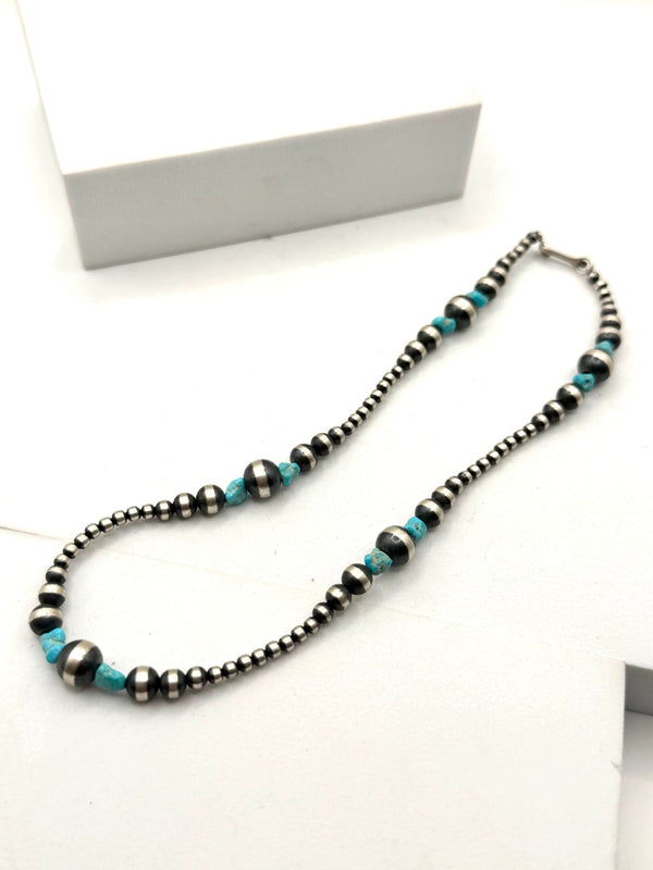 NATIVE HANDSTRUNG GRADUATED NAVAJO PEARLS & KINGMAN TURQUOISE NECKLACE 14” NECKLACE/CHOKER (KK 21)