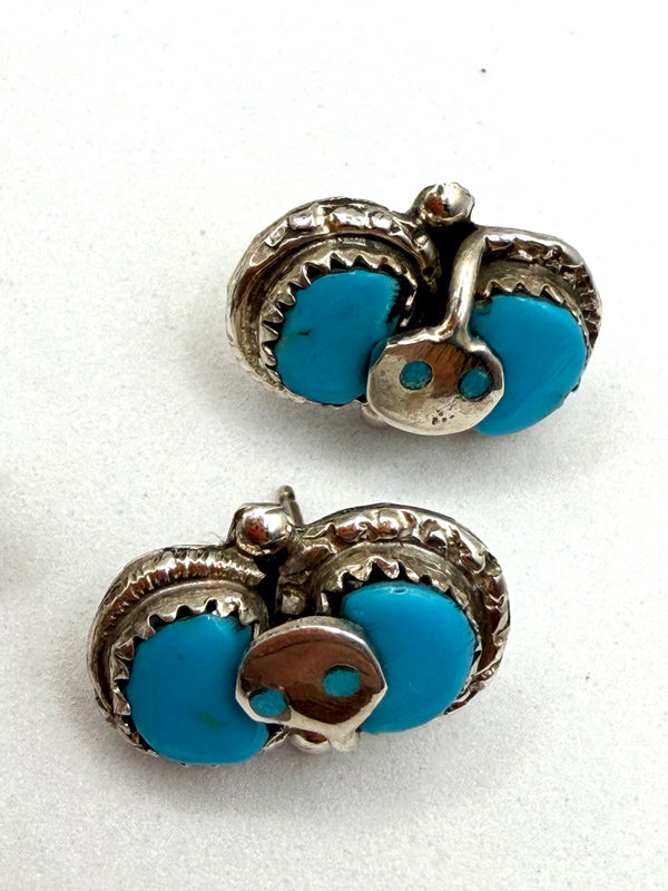 (RARE PIECE) EFFIE CALAVAZA ZUNI SLEEPING BEAUTY TURQUOISE SNAKE SQUASH BLOSSOM NECKLACE 22" & POST BACK EARRINGS HANDMADE SET (NP 33)