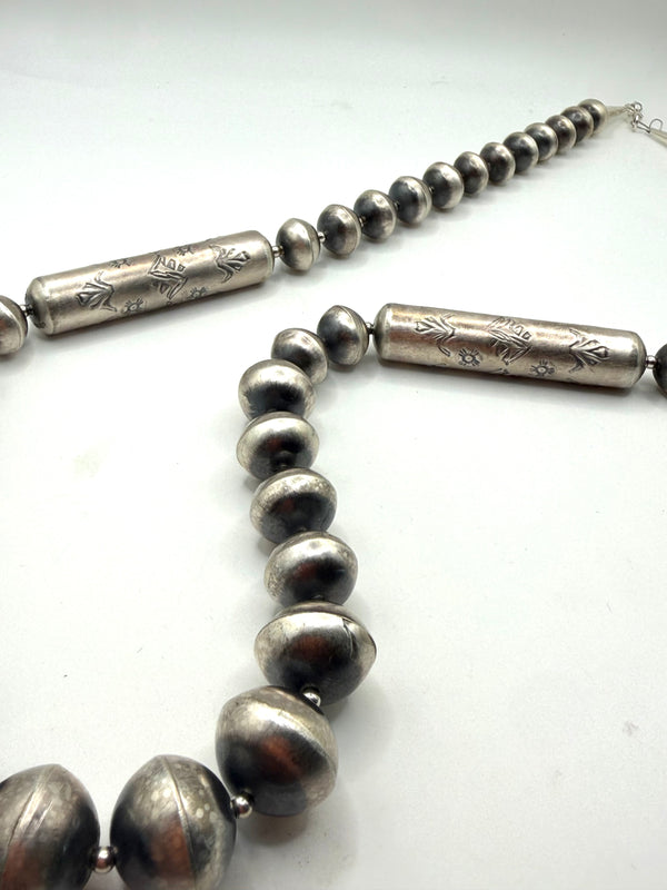 SHARON COOLEY STERLING SILVER STATEMENT BARREL BEAD NECKLACE 30" & EARRINGS SET (NP 31)