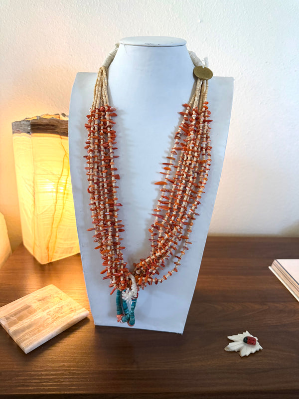 JARON YAZZIE MULTISTRAND STATEMENT SPINY & TURQUOISE COIN NECKLACE 30"  (LL 23)