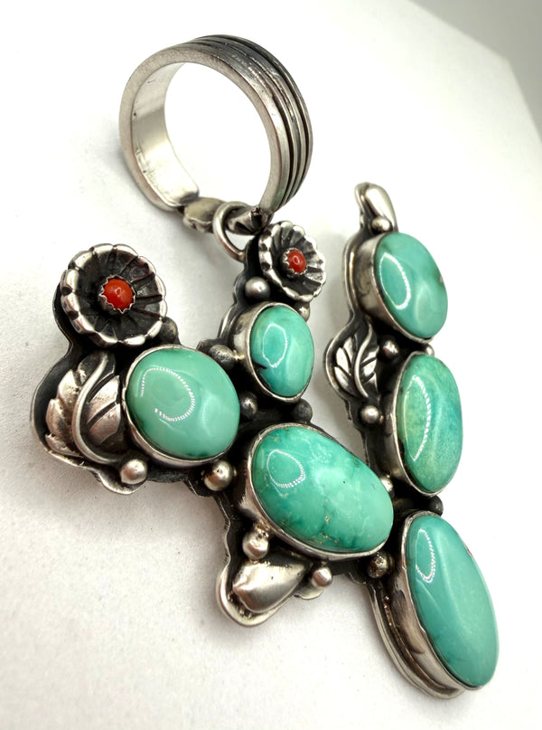 EMER THOMPSON EASTER BLUE TURQUOISE & MEDITERRANEAN CORAL NATIVE HANDMADE CACTUS PENDANT 3" (LA 1)