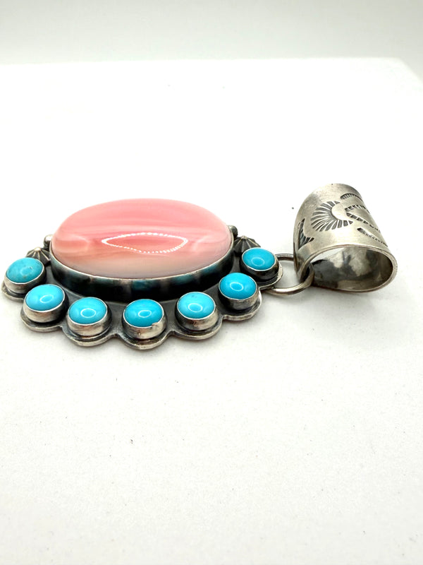 TONY YAZZIE NATIVE HANDMADE PINK CONCH & SLEEPING BEAUTY TURQUOISE HALF CLUSTER STATEMENT PENDANT 2.5” (TC 17)