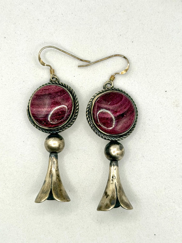 TAWNEY WILLIE NATIVE HANDMADE PURPLE SPINY BLOSSOM FISHHOOK EARRINGS 2.5" (LN 52)