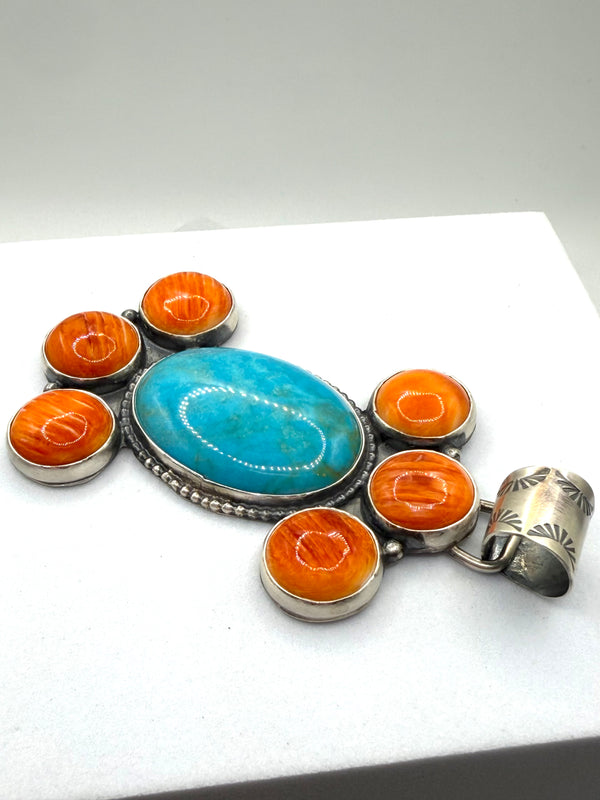 JUSTINE TSO NATIVE HANDMADE ORANGE SPINY OYSTER CLUSTER & KINGMAN TURQUOISE PENDANT 3" (LL 28)