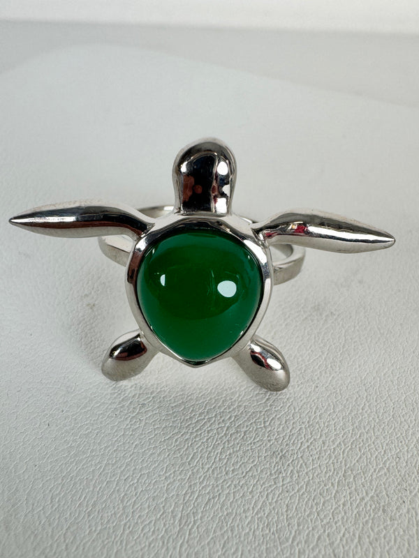 GREEN AVENTURINE STERLING SILVER ADJUSTABLE TURTLE RING (MW 334)