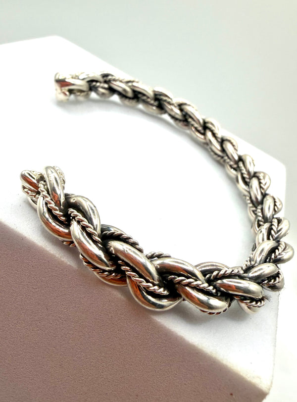 ELAINE TAHE NATIVE HANDMADE BRAIDED STERLING SILVER ROPE CUFF (LA 67)