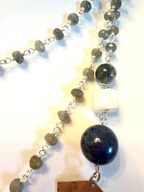 ROSARY CHAIN FACETED LABRADORITE WITH LAPIS PEARLS & SELENITE ACCENT ARROW STATEMENT NECKLACE 60” (MW 482)