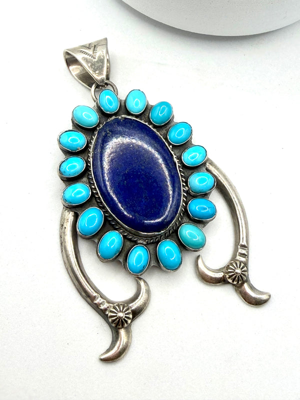 FRANCIS BEGAY NATIVE HANDMADE SLEEPING BEAUTY TURQUOISE & LAPIS LAZULI STATEMENT PENDANT 3.5"(JR 171)