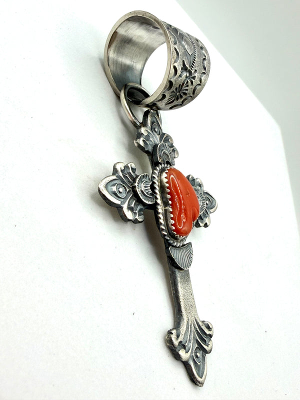 KEVIN BILLAH MEDITERRANEAN CORAL BIG BAIL STATEMENT CROSS PENDANT 3” (TC 21)