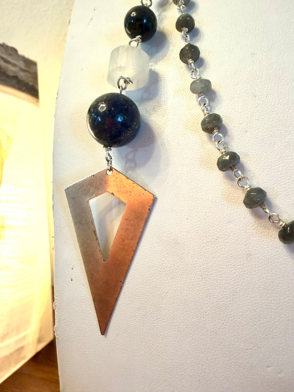 ROSARY CHAIN FACETED LABRADORITE WITH LAPIS PEARLS & SELENITE ACCENT ARROW STATEMENT NECKLACE 60” (MW 482)