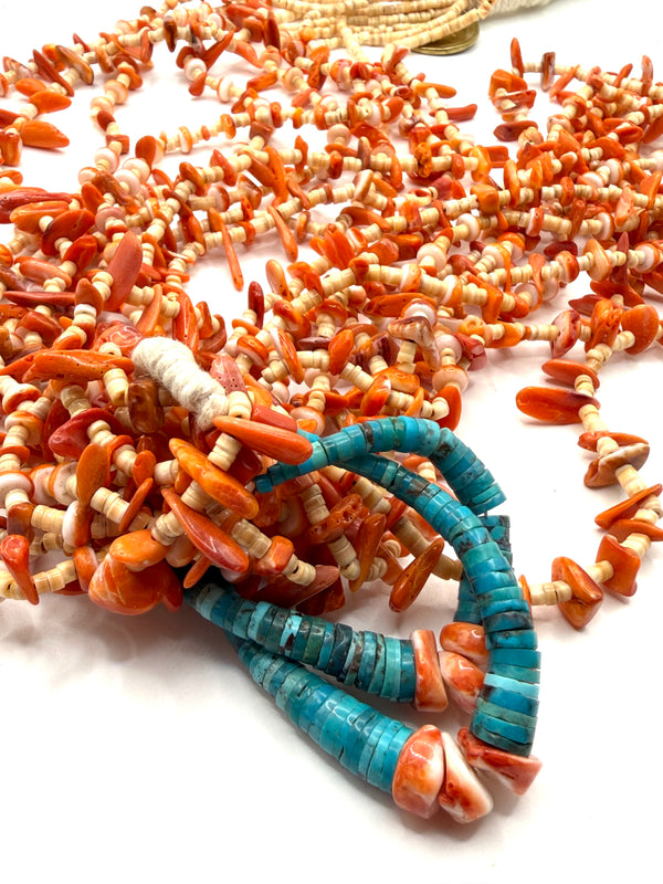 JARON YAZZIE MULTISTRAND STATEMENT SPINY & TURQUOISE COIN NECKLACE 30"  (LL 23)