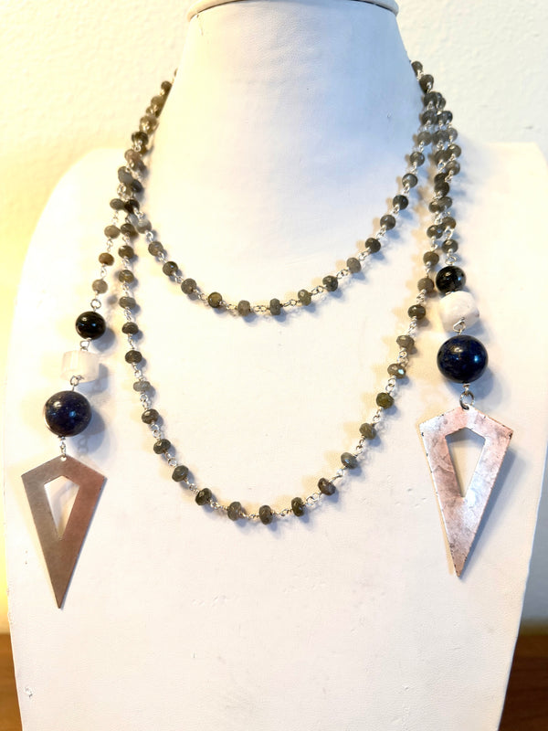 ROSARY CHAIN FACETED LABRADORITE WITH LAPIS PEARLS & SELENITE ACCENT ARROW STATEMENT NECKLACE 60” (MW 482)