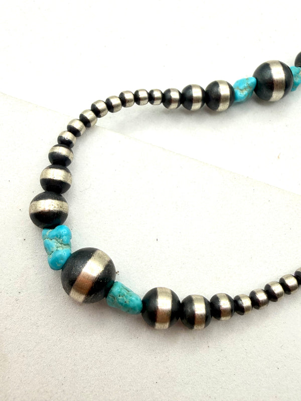 NATIVE HANDSTRUNG GRADUATED NAVAJO PEARLS & KINGMAN TURQUOISE NECKLACE 14” NECKLACE/CHOKER (KK 21)