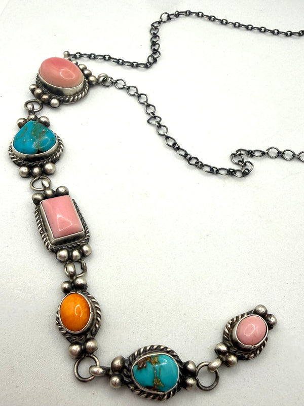 VICKY HICKS MULTISTONES DROP (6.5") NECKLACE NATIVE HANDMADE ADJ 20" (LA 20)
