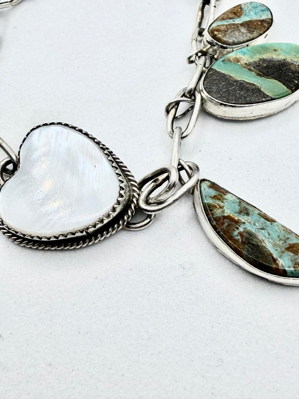 JACQUELINE SILVER NATIVE HANDMADE ROYSTON RIBBON TURQUOISE & IVORY MOTHER-OF-PEARL ADJUSTABLE BRACELET (UP TO 9")  (NP 55)