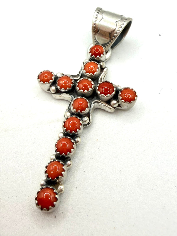 TONY YAZZIE NATIVE HANDMADE MEDITERRANEAN CORAL CLUSTER CROSS PENDANT 2.5” (TC 22)