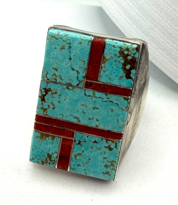 WILBERT GREY NATIVE HANDMADE MINE 8 & CORAL STATEMENT RING SIZE 13 (PN 23)