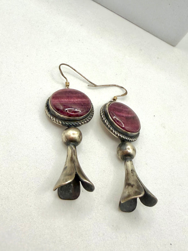 TAWNEY WILLIE NATIVE HANDMADE PURPLE SPINY BLOSSOM FISHHOOK EARRINGS 2.5" (LN 52)