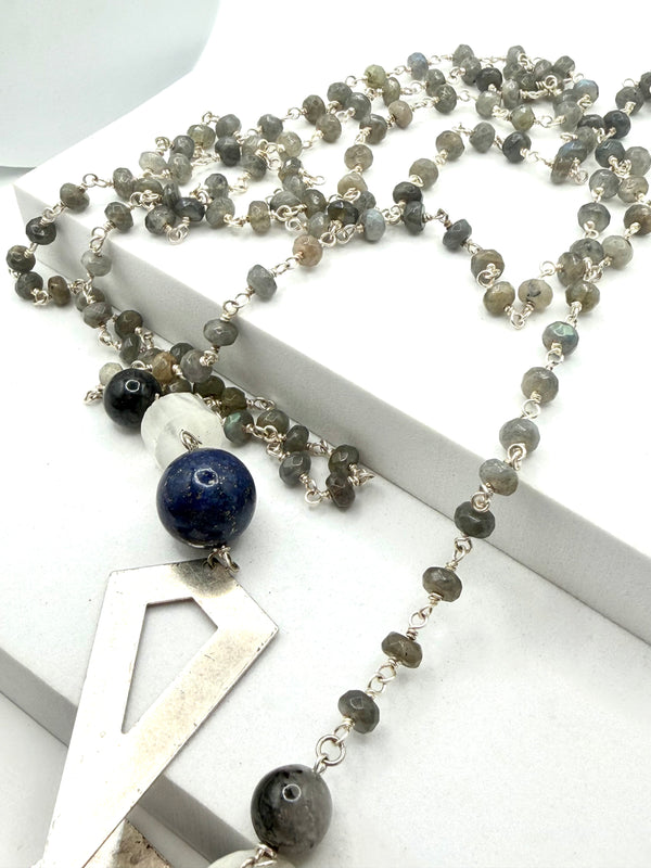 ROSARY CHAIN FACETED LABRADORITE WITH LAPIS PEARLS & SELENITE ACCENT ARROW STATEMENT NECKLACE 60” (MW 482)