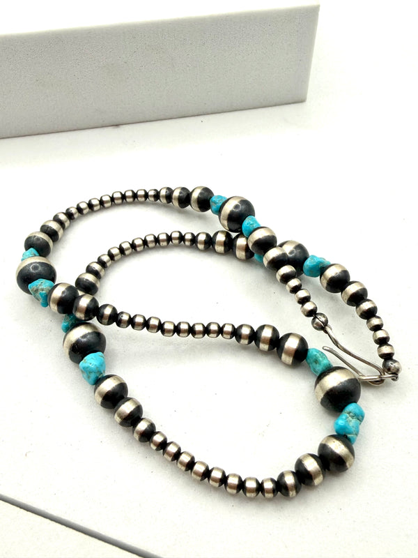 NATIVE HANDSTRUNG GRADUATED NAVAJO PEARLS & KINGMAN TURQUOISE NECKLACE 14” NECKLACE/CHOKER (KK 21)